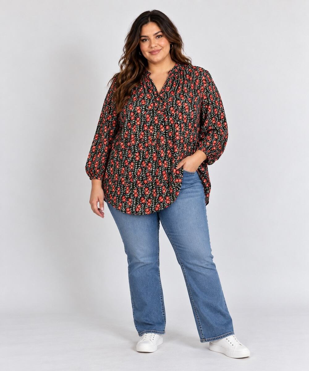 NY Collection Womens Tunic Top Blouse Shirt Floral Print Chiffon Black Red 2X